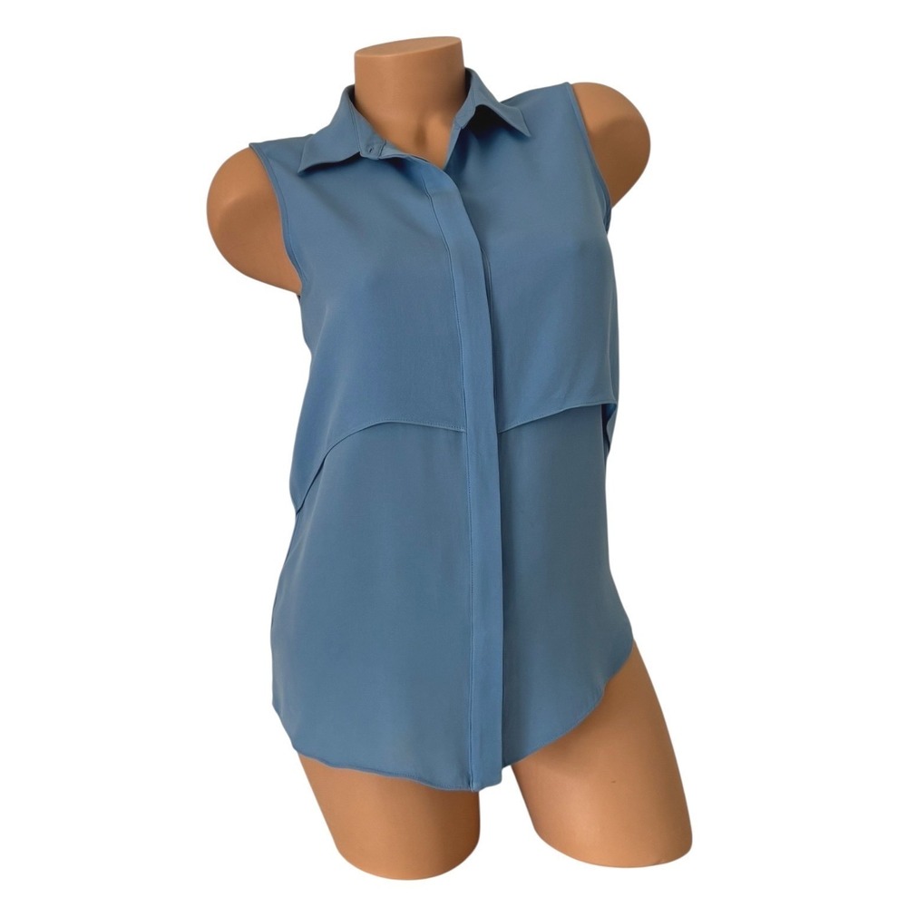 Theory Sleeveless Silk Collared Button Front Shirt Blouse Top Blue Size SMALL